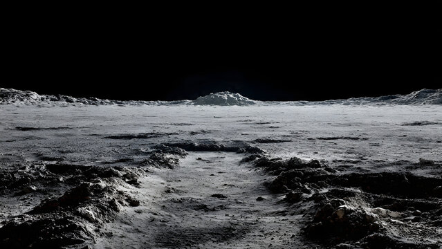 A desolate, cratered lunar landscape with distant mountains under a dark, starless sky.