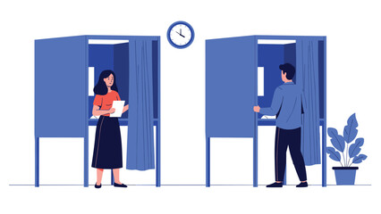 Fototapeta premium Woman and man cast their votes in separate blue voting booths while a clock on the wall shows the time during an important election day.