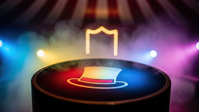A lit top hat on a stage, surrounded by colorful lights and mist, under a circus tent