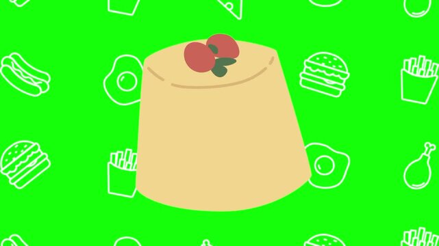 Cherry pudding animated cartoon vector with foodie icon background on green screen. Dessert idea, sweet, food symbol. Popup animation template design element