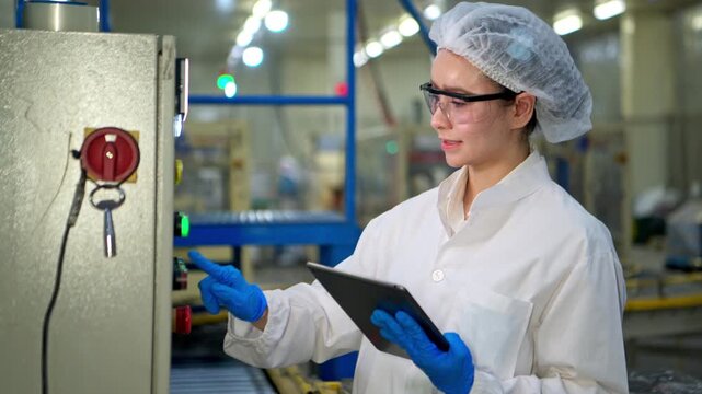 The production supervisor is inspecting and controlling the operation of packaging line of the canned fish processing plant