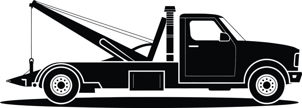 Black silhouette of a tow truck with a hook and cable with utility vehicle with roadside assistance