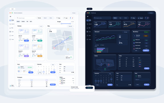 A side-by-side comparison of a rental marketplace dashboard interface in light and dark mode themes, featuring data visualizations, maps, calendars, and property management tools.