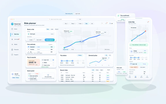 A comprehensive ride-hailing application interface displayed on a desktop monitor and a mobile phone, featuring maps, fare estimates, trip tracking, and user account management tools.