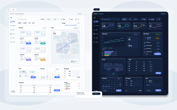 A side-by-side comparison of a rental marketplace dashboard in light and dark modes, featuring data visualization charts, maps, calendars, and property management interface elements.