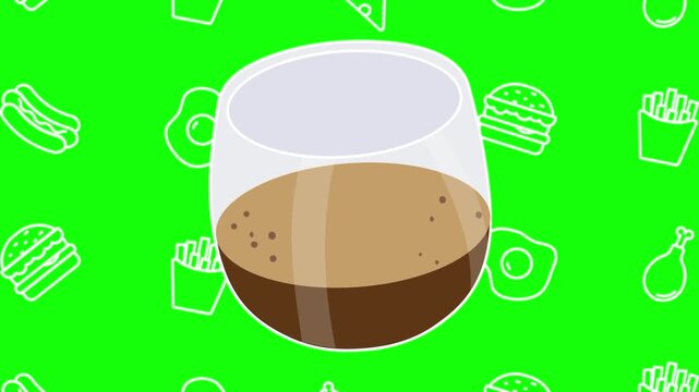 A glass black coffee animated cartoon vector with foodie icon background on green screen. Beverage idea, espresso, drink symbol. Popup animation template design element