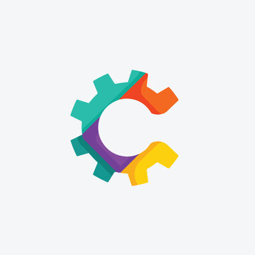 Colorful gear with letter C shape cutout, white background