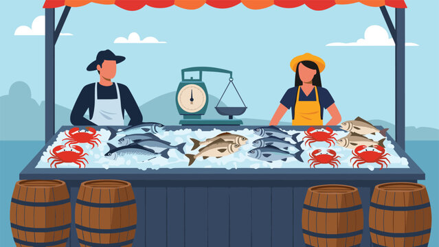 Male and female fishmongers stand behind a market stall filled with fresh fish and crabs on ice with wooden barrels in the foreground.
