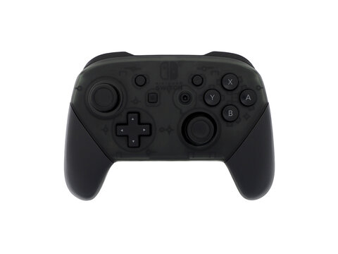Surin, Thailand - Feb 13, 2026 : Black gamepad, joypad or joystick (Pro Controller) for gaming, of Nintendo Switch game console, isolated object on transparent background.