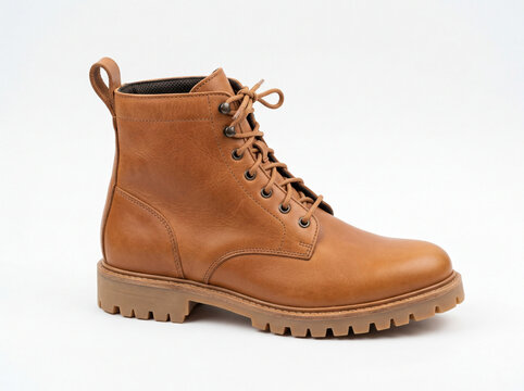 Brown leather boot with laces and chunky sole on white background  single footwear transparent background