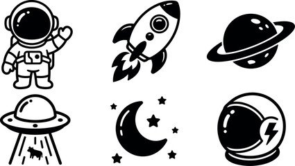 Fototapeta premium Black and white space icons with astronaut rocket moon and planets