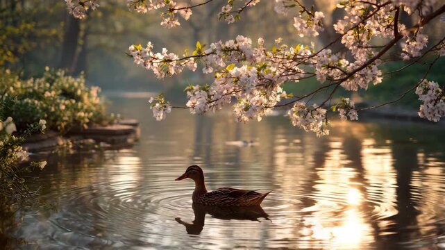 duck in a pond on sunny spring day in park animation