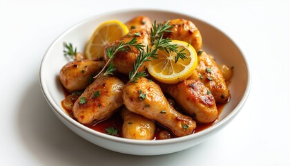 Fototapeta premium Yassa chicken legs in sauce with lemon slices and rosemary. Savory poultry dish with onions and herbs. Delicious meal prepared for serving. Food photography for recipes.