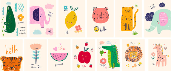 Funny baby prints with cute animals. Kids design. Baby cards and posters