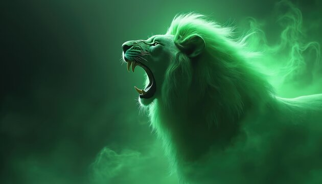 Green lion silhouette roars with open mouth and fangs. Mystical abstract art features creature with rich mane and smoke swirls on dark background. Symbol of power and courage.