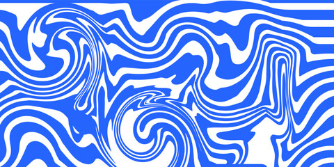 Fototapeta premium Blue wavy lines abstract background. Trendy psychedelic retro style backdrop. Waves, swirl and twirl pattern. Twisted distorted vector texture. Y2k aesthetic design