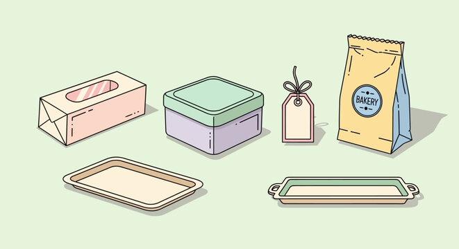 Set of various packaging boxes and bags for retail or gift items in pastel colors.