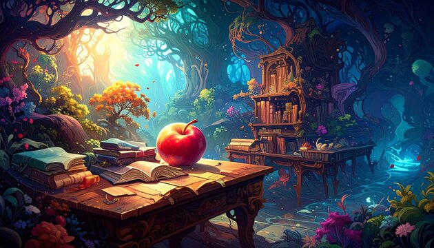 Enchanting forest scene with an open book and a single red apple on a wooden table, bathed in magical sunlight