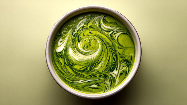 A vibrant green swirled matcha drink