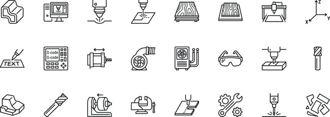 cnc manufacturing and industrial machine line icons set, milling lathe drill laser cutting tool automation engineering programming and gcode technology vector outline icon collection on transparent  © Yehor