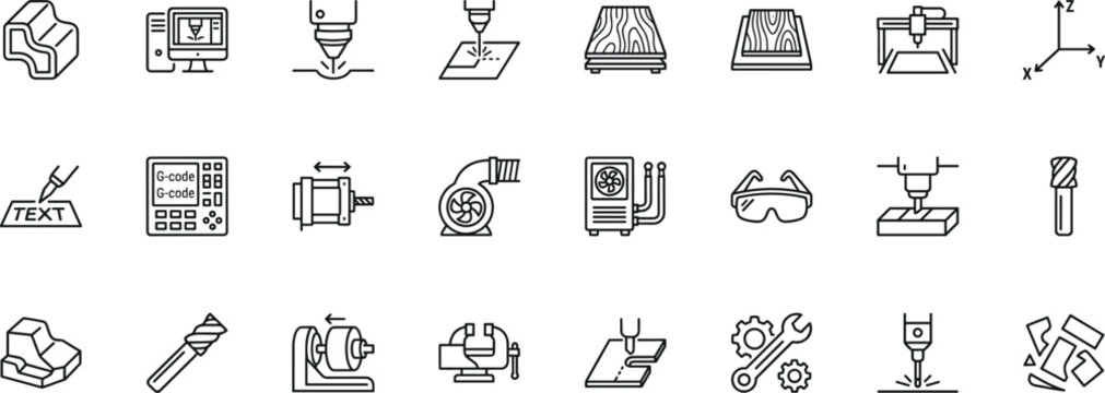 cnc manufacturing and industrial machine line icons set, milling lathe drill laser cutting tool automation engineering programming and gcode technology vector outline icon collection on transparent 
