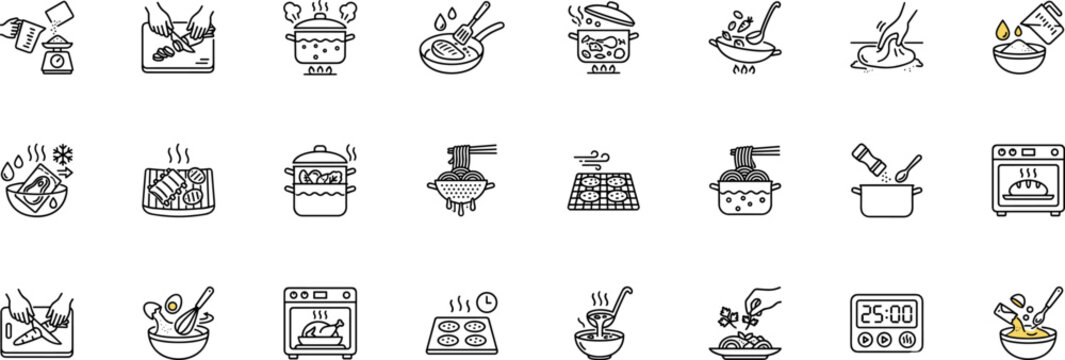 cooking and kitchen process line icons set, food recipe culinary chef pan pot boiling frying baking cutting knife mixing stirring grill and oven vector outline icon collection on transparent 