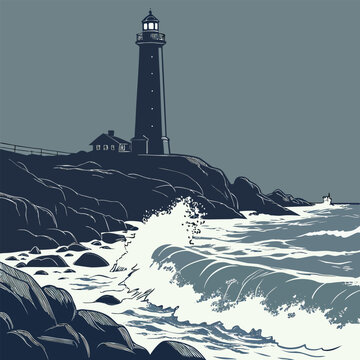Tall Lighthouse Silhouette Standing Over a Rocky Shoreline, Vector Illustration for Nautical Maps and Coastal Travel Brochures