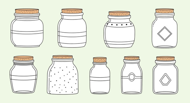 Set of various empty glass jars with cork lids in simple line art style.