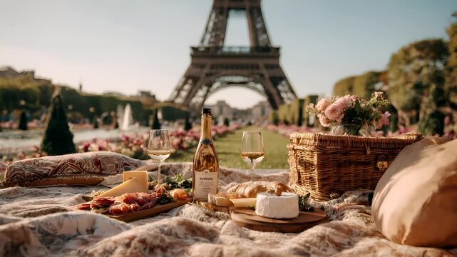 Spring Summer outdoor leisure relaxation activity. A romantic outdoor picnic scene features the Eiffel Tower in the background. The main subject is a picnic spread with a bottle of champagne.