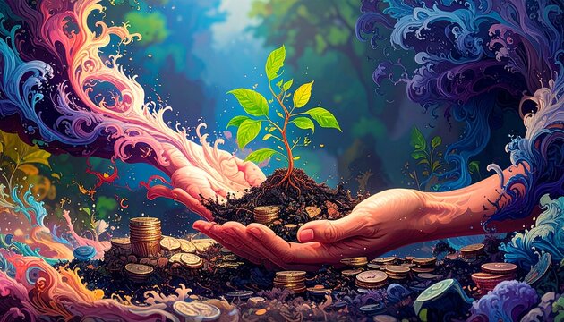 Vibrant hands nurture a sapling growing from coin-rich soil, enveloped by a magical swirl of colors, symbolizing sustainable investment and environmental prosperity