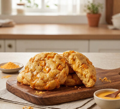 체다 치즈 큐브가 올려져 있고 안에는 끈적하게 녹은 치즈로 속이 꽉 찬 두툼한 황치즈 쿠키의 클로즈업