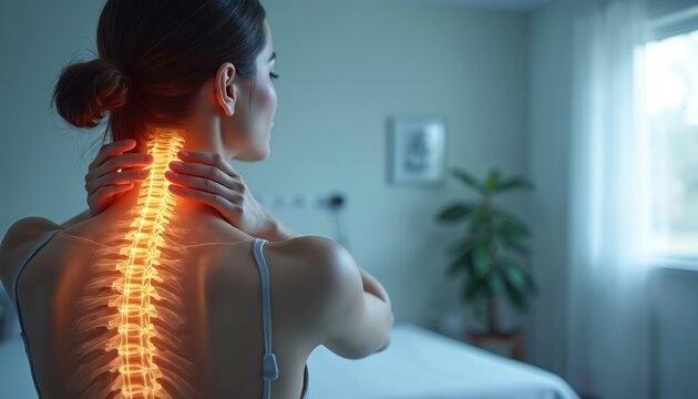 Woman experiences intense neck pain with glowing spine anatomy visible. She rubs her sore neck, seeking relief from discomfort and ache. Health issue.