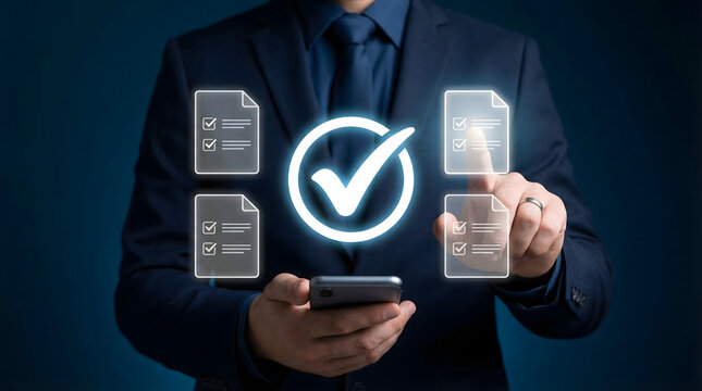 Businessman in suit interacts with glowing digital checklist documents and a large checkma