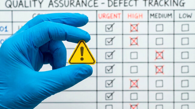 A gloved hand holds a warning sign in front of a quality assurance defect tracking chart