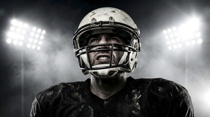 Fototapeta premium A football player wearing a helmet and uniform in a stadium with bright lights