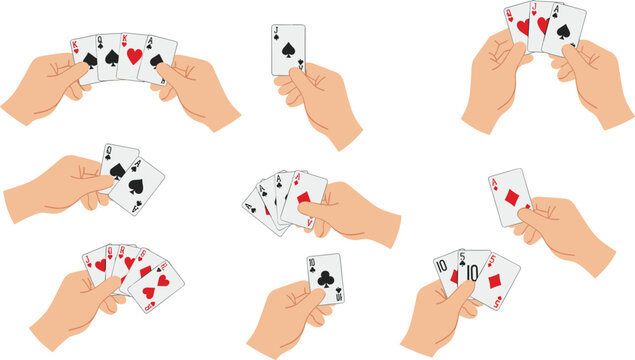 Collection of human hands holding various playing cards and poker combinations for gambling casino gaming and leisure activity concept flat vector