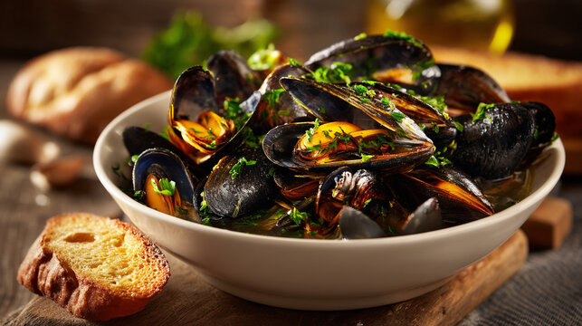 Steaming bowl of mussels garnished with fresh herbs and served with bread.