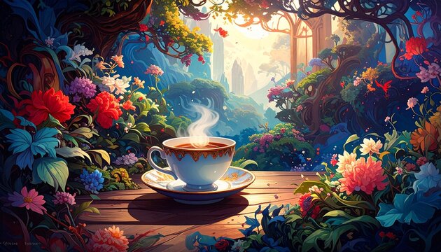 Enchanting Sunrise View of a Steaming Cup of Coffee Surrounded by Lush Blooming Flowers and Verdant Foliage