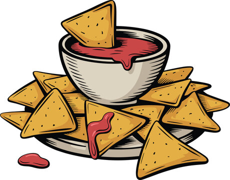 Nachos with salsa dip bowl, Mexican tortilla chips snack plate spicy food vector illustration design