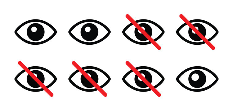 Set of eye icons with and without red diagonal lines, depicting visible and invisible states.