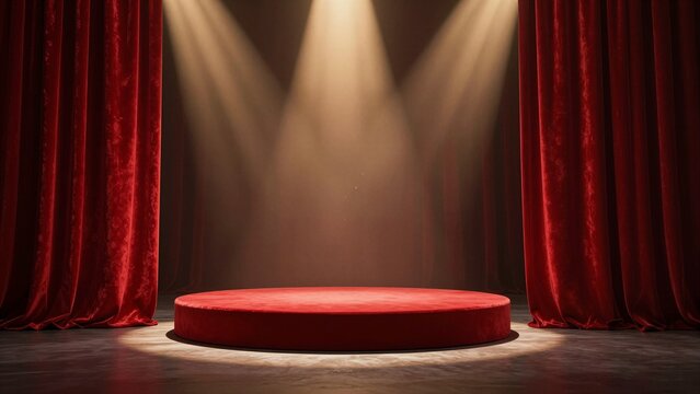 An empty red circular stage under spotlights with velvet curtains, creating a celebratory and dramatic atmosphere.