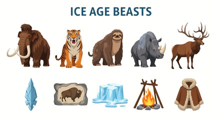 Fototapeta premium modern flat vector illustration Ice Age Animals and Survival Tools.