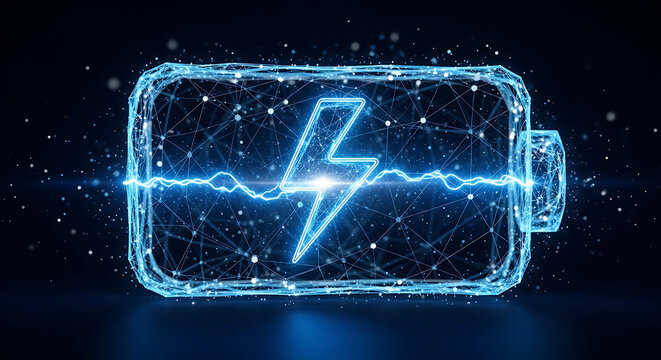 Futuristic abstract digital battery icon with glowing electric lightning bolt and connected lines on a dark background symbolizing energy and power