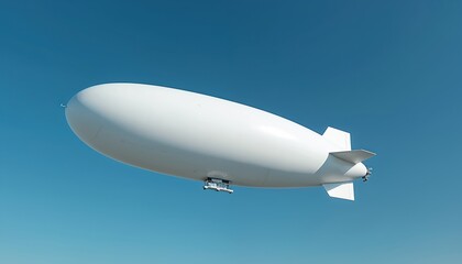 Naklejka na ściany i meble White blimp floats across clear blue sky. Modern airship offers blank space for advertising and marketing messages. Future of flight and travel.