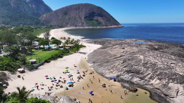 Itacoatiara Beach In Niteroi Rio De Janeiro Brazil. Aerial View Of Stunning Beach With Crystal Clear Waters. Coast Sky Clouds Seaside Summertime. Coast Outdoors Beach Panoramic.