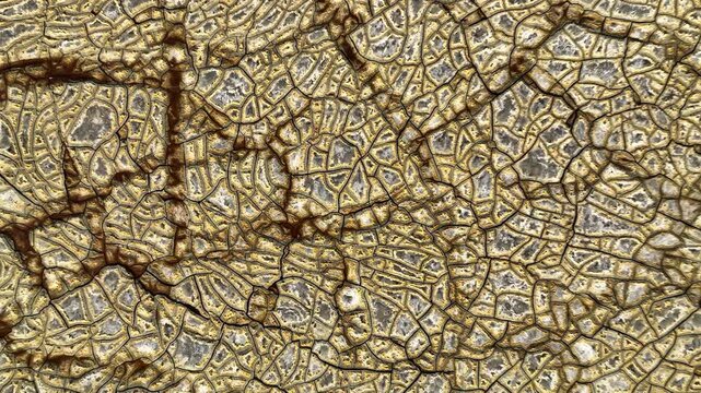 Aerial view of the intricate cracked earth patterns and mineral deposits in the Rio Tinto mining area, Minas de Riotinto, Andalusia, Spain.