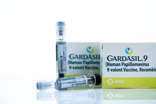 CHONBURI, THAILAND-SEPTEMBER 13, 2024: Gardasil 9 HPV vaccine packaging with prefilled syringe. MSD's 9-valent recombinant vaccine. Prevention of human papillomavirus. Sterile medical packaging.