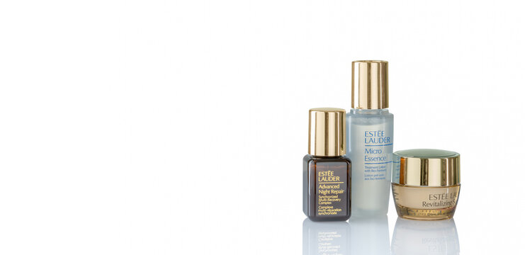 CHONBURI, THAILAND-DECEMBER 9, 2022 : Estee Lauder Advanced Night Repair, Estee Lauder Micro Essence, and Estee Lauder Revitalizing Supreme. Skincare for healthy face skin. Luxury skincare brand.