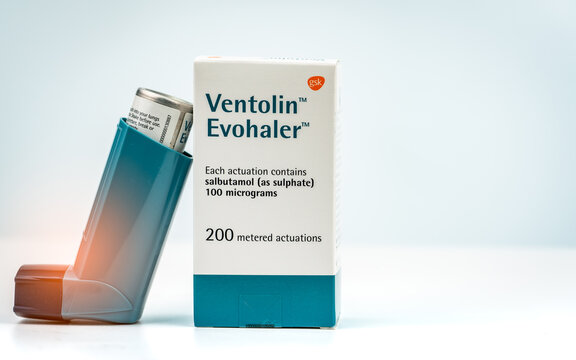 CHONBURI, THAILAND-JULY 29, 2018 : Ventolin Evohaler. Salbutamol sulphate asthma inhaler isolated on white background. Bronchodilator medicine.  Product of GlaxoSmithKline. Made by Glaxo Wellcome.