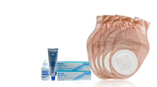 CHONBURI, THAILAND-AUGUST 3, 2018 : Stomahesive paste and stomahesive powder. Stomahesive product of Convatec. Stoma care products and one piece drainable ileostomy or colostomy pouch products.